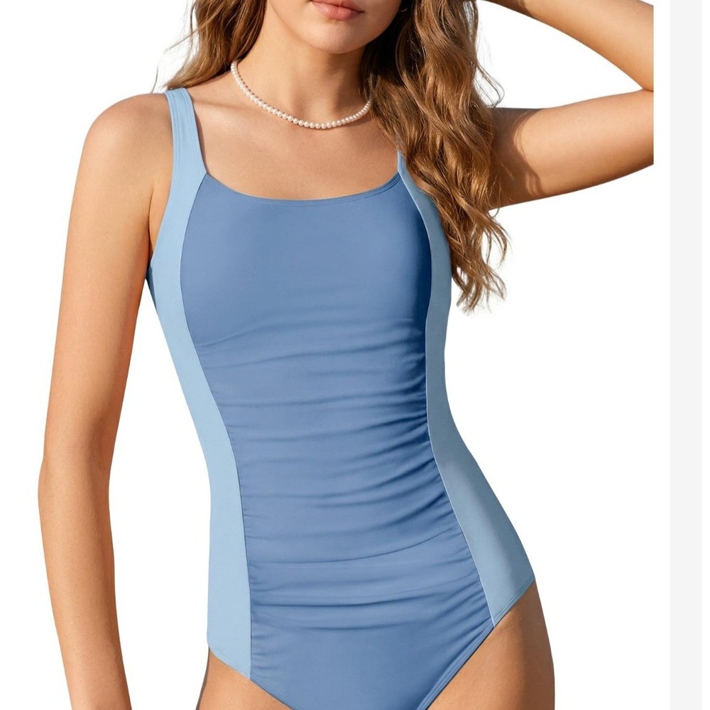 Blue Colorblock Ruched One Piece Swimsuit Girls 13-14Y Adjustable Straps RNFS